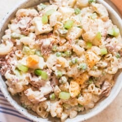close view of tuna macaroni salad in bowl