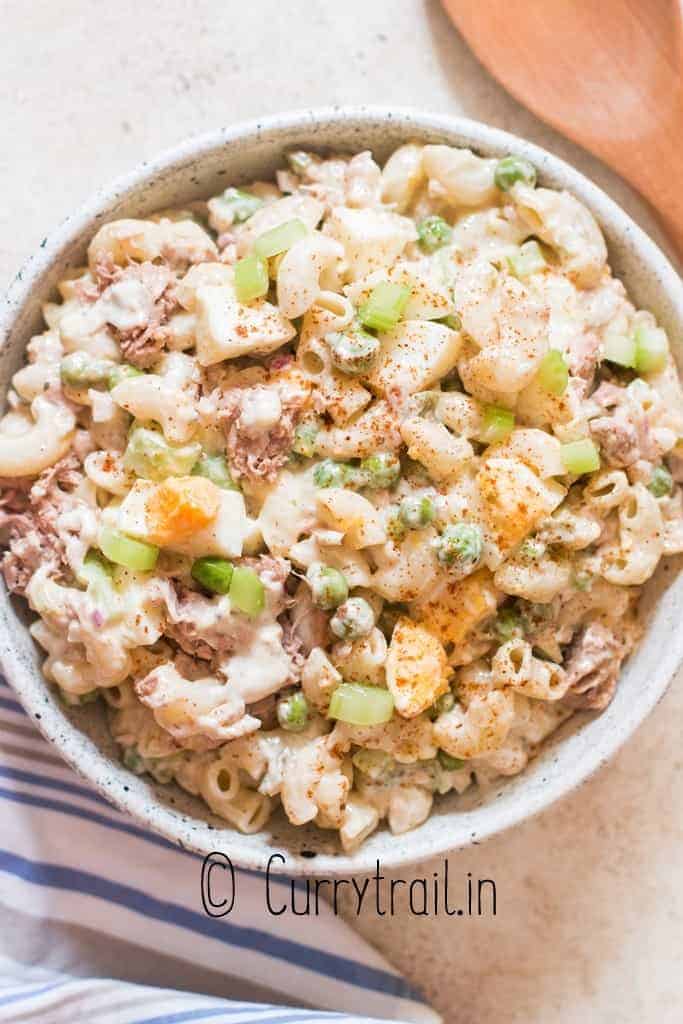close view of tuna macaroni salad in bowl