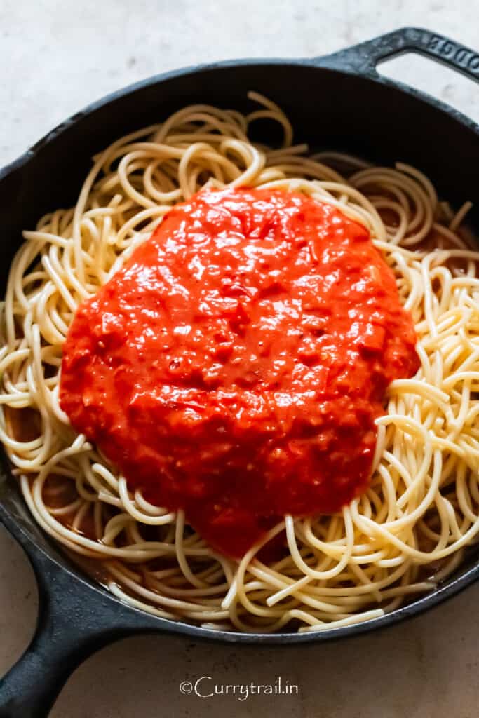 spaghetti with roasted cherry tomato sauce.