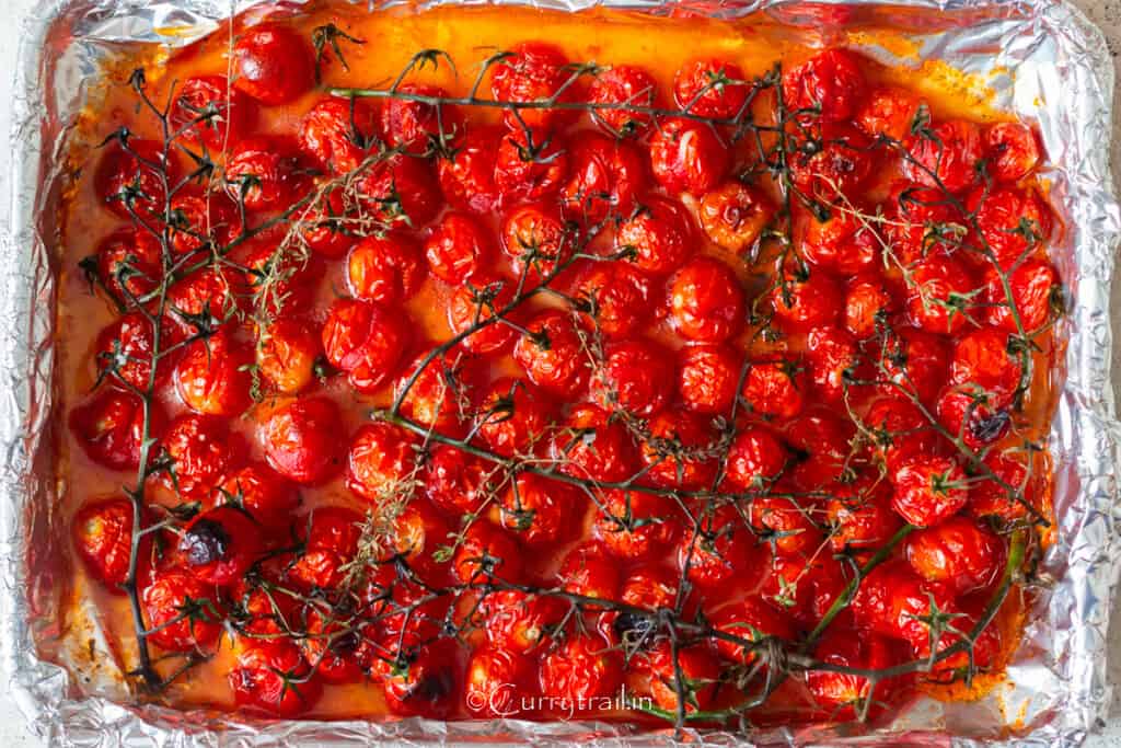 roasted cherry tomatoes in the oven.