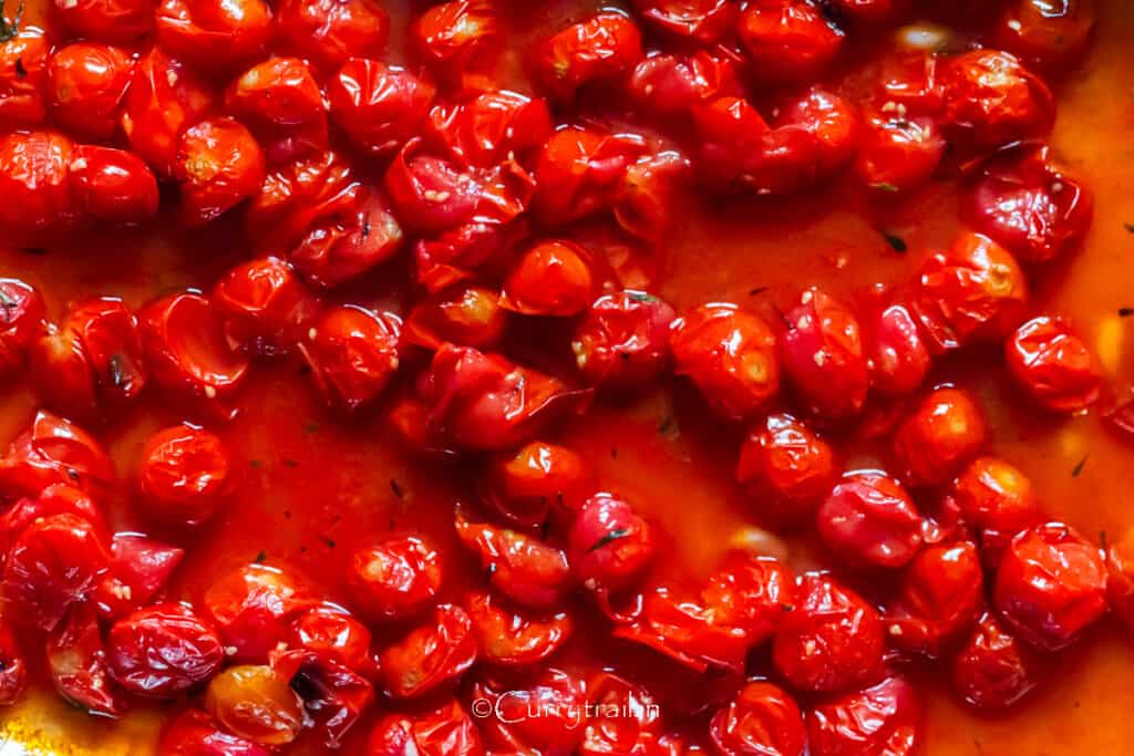 roasted cherry tomatoes in the oven.