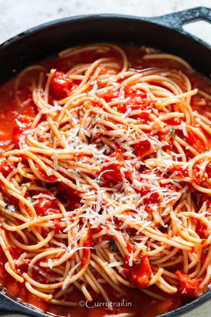 spaghetti with roasted cherry tomato sauce.