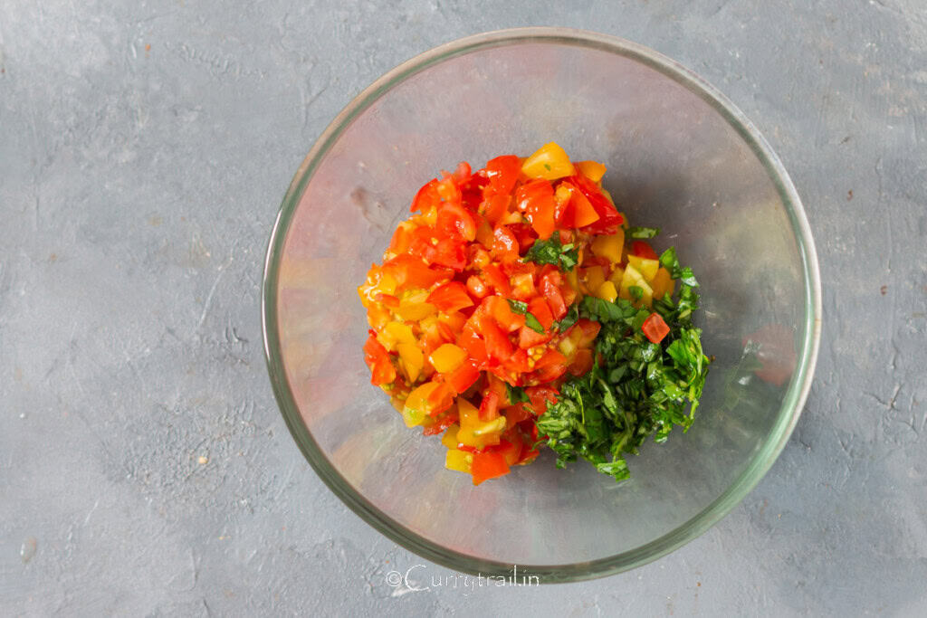 tomato basil mix in a bowl for bruschetta topping.