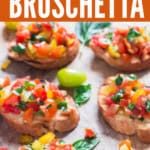 tomato basil mix topped over the grilled bread slice with text.