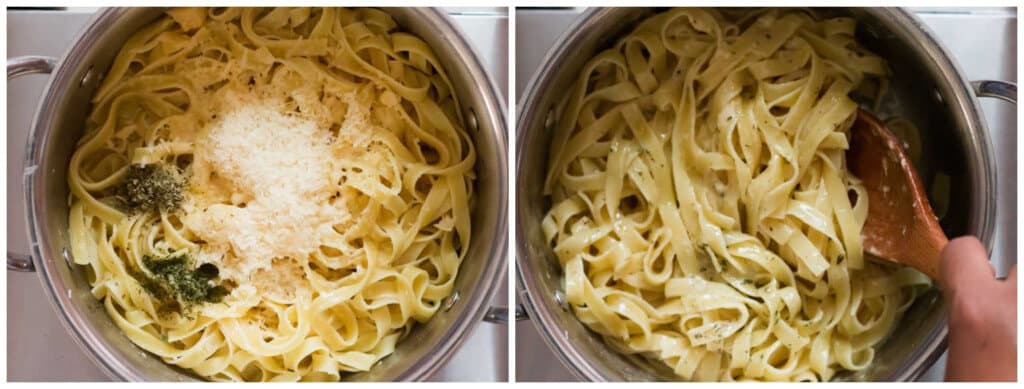 picture collage of making buttered noodles