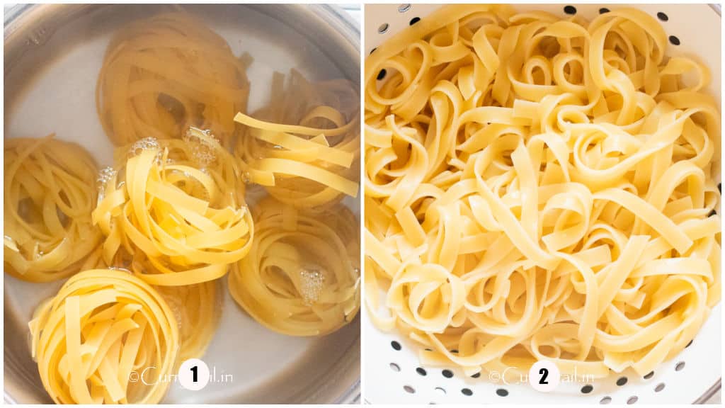 picture collage of cooking and draining egg noodles.