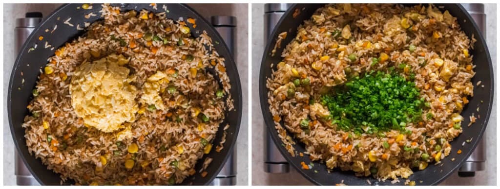 photo collage of cooking hibachi fried rice in wok