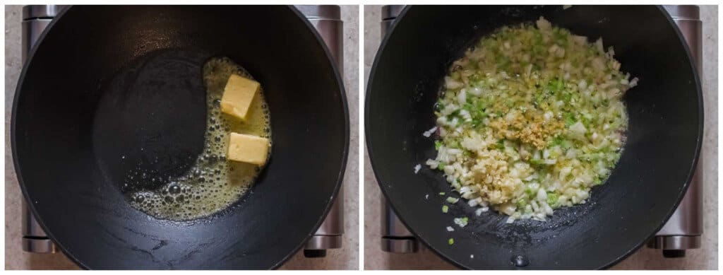 photo collage of cooking hibachi fried rice in wok