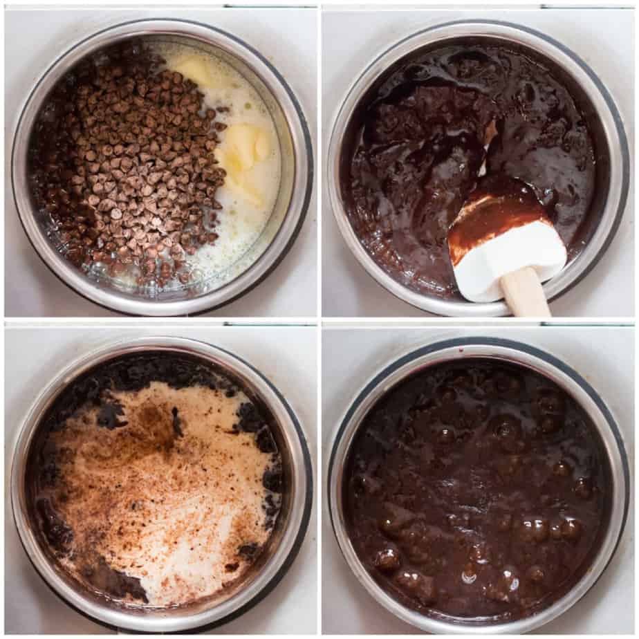 step by step picture collage of making hot fudge sauce