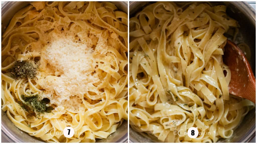 picture collage of adding parmesan cheese and dried herbs to the noodles.