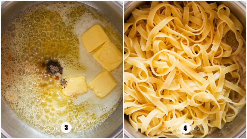picture collage of cooking buttered noodles.