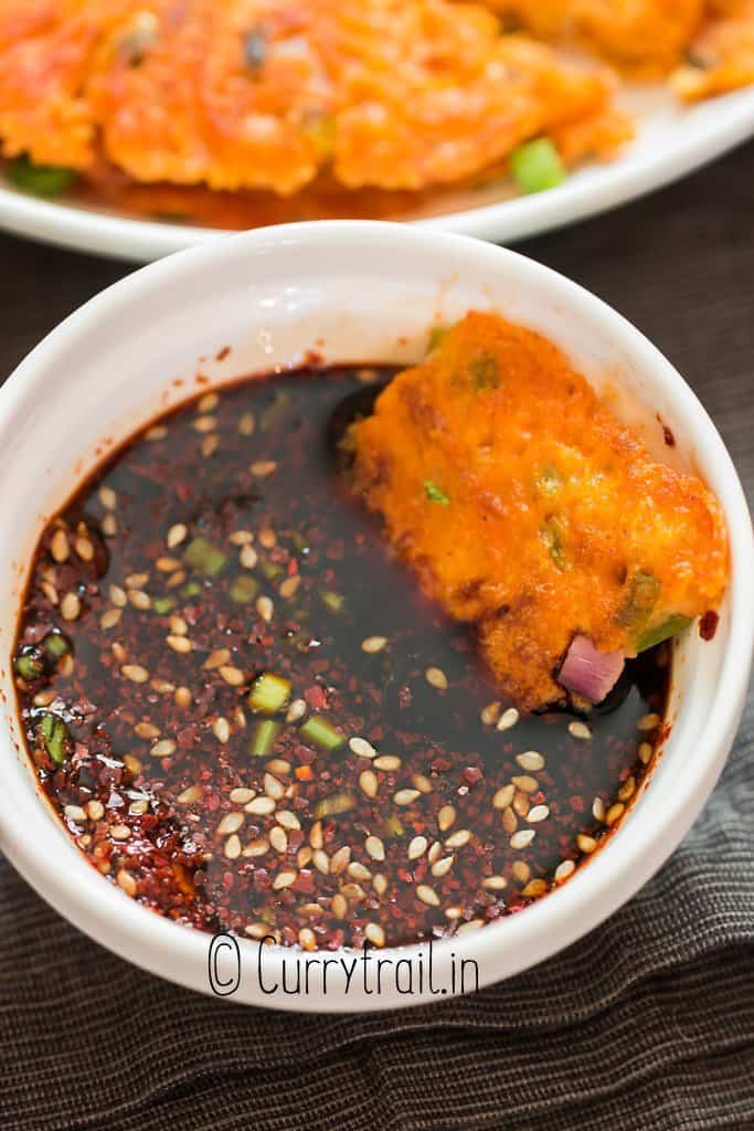 close view of kimchi pancake dipping sauce