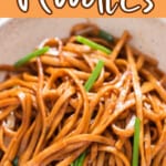 pan fried soy sauce noodles in bowl with text