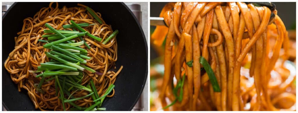 cooking soy sauce noodles in wok