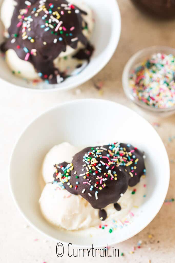 two bowls of ice cream with magic chocolate shell