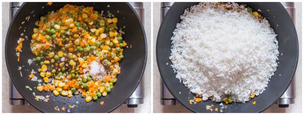 photo collage of cooking hibachi fried rice in wok