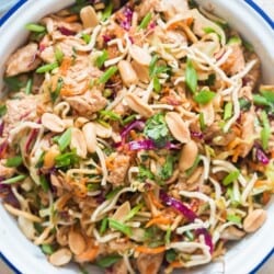 Asian chicken salad in plate with crispy noodles
