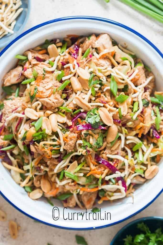 Asian chicken salad in plate with crispy noodles