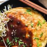 egg foo young with gravy sauce with text
