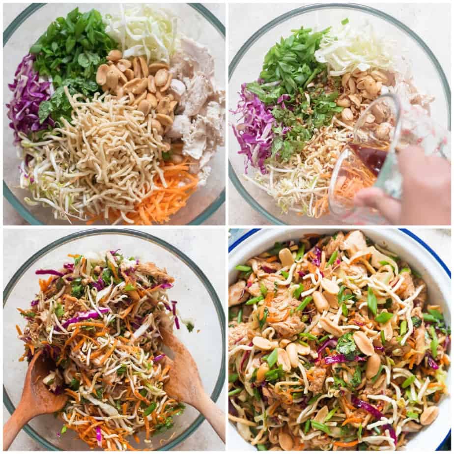 step by step picture collage of Asian chicken salad