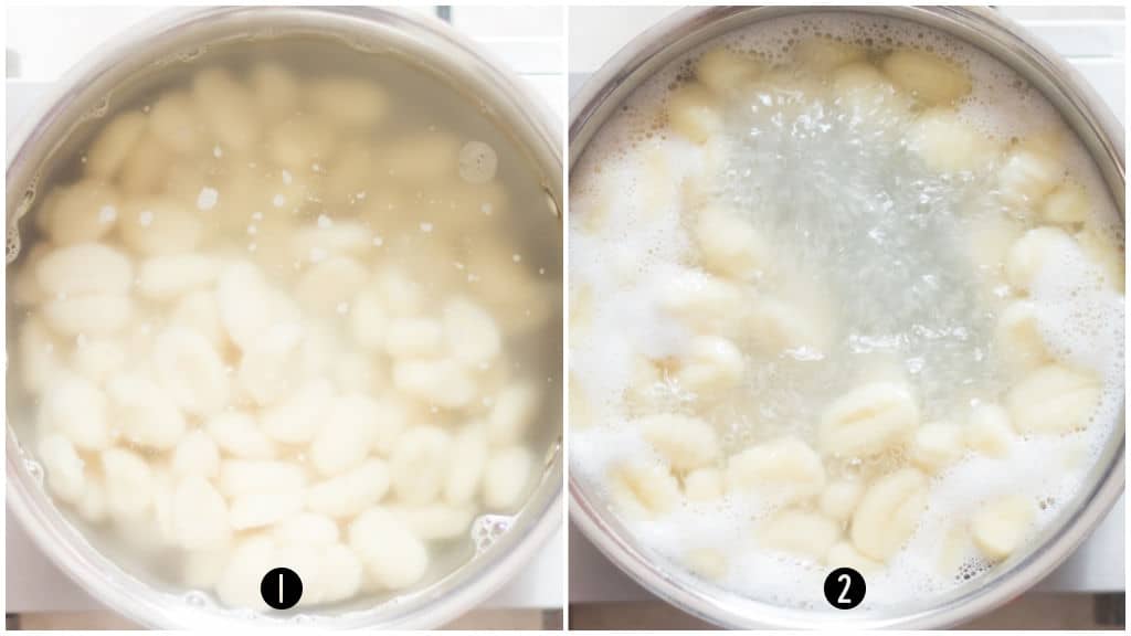photo collage cooking gnocchi pasta in a large pot.