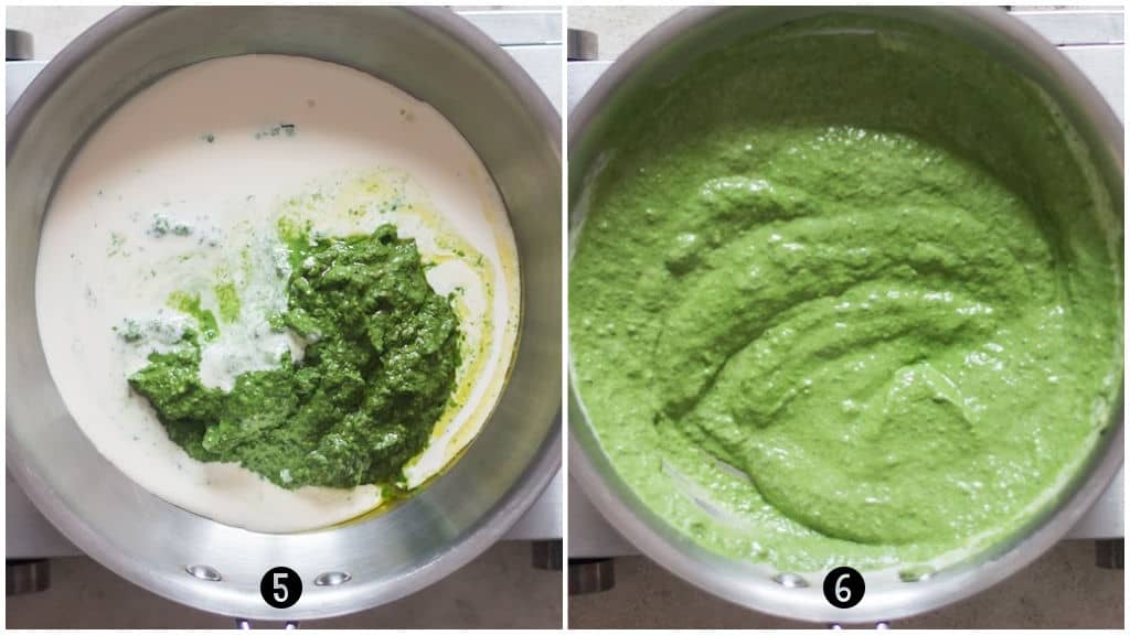 stirring pesto and cream in a skillet.