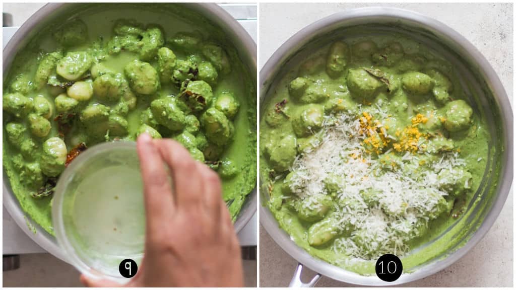 photo collage of cooking pesto gnocchi cooked in a skillet.
