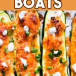 buffalo chicken stuffed zucchini boats with text