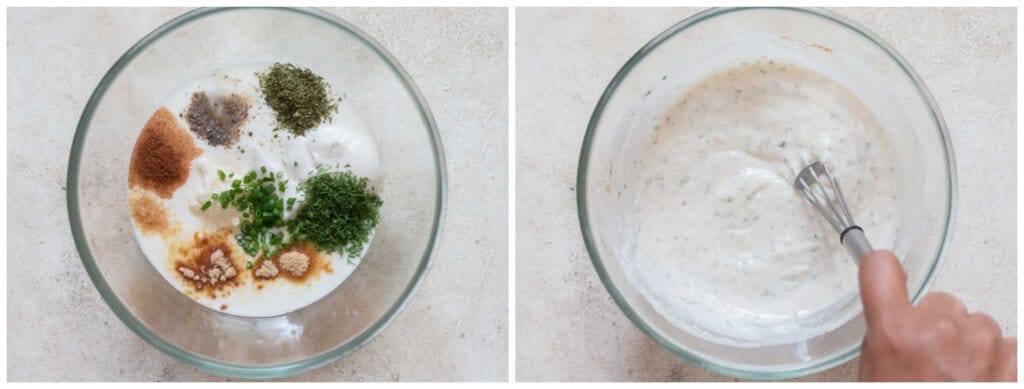 picture collage of making buttermilk ranch dressing
