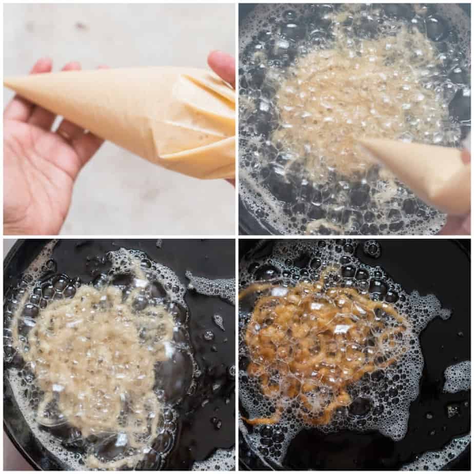 step by step picture collage of making funnel cake
