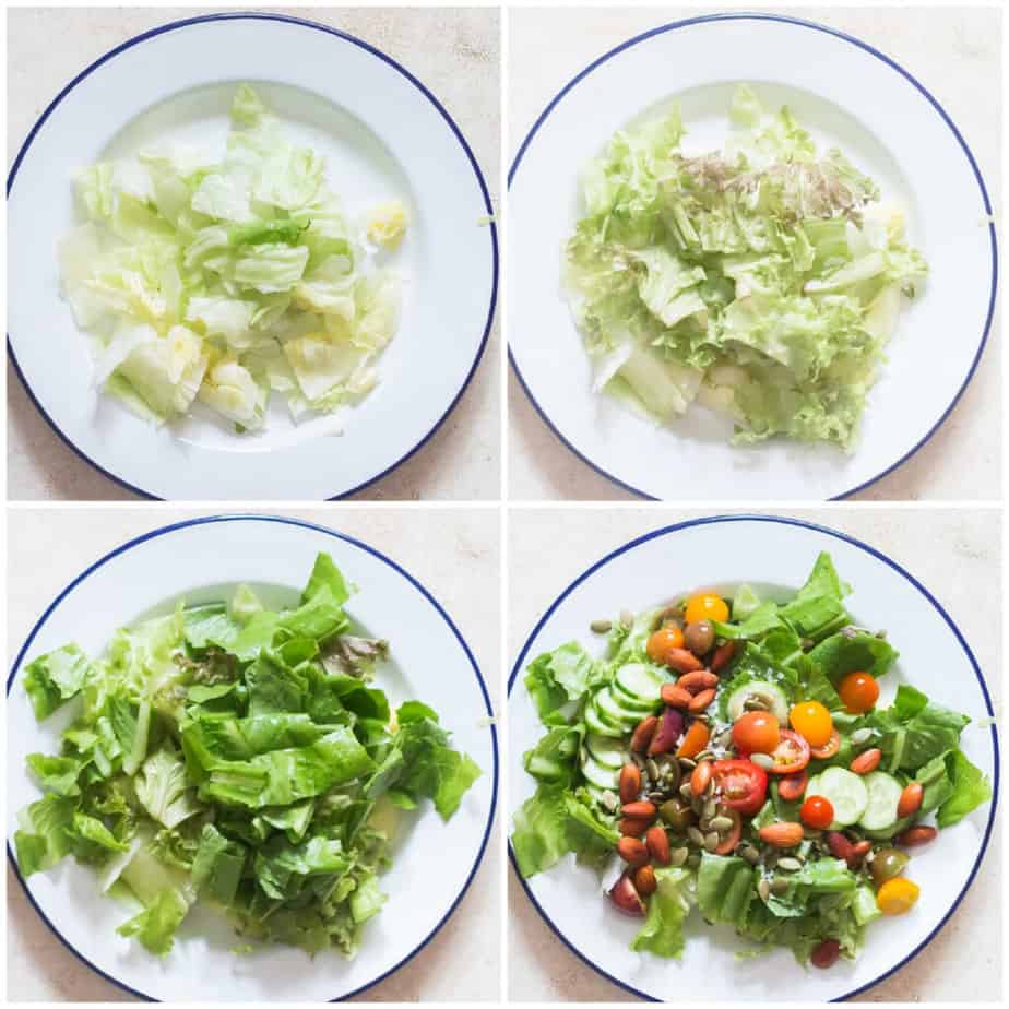step by step picture collage of making chopped green salad