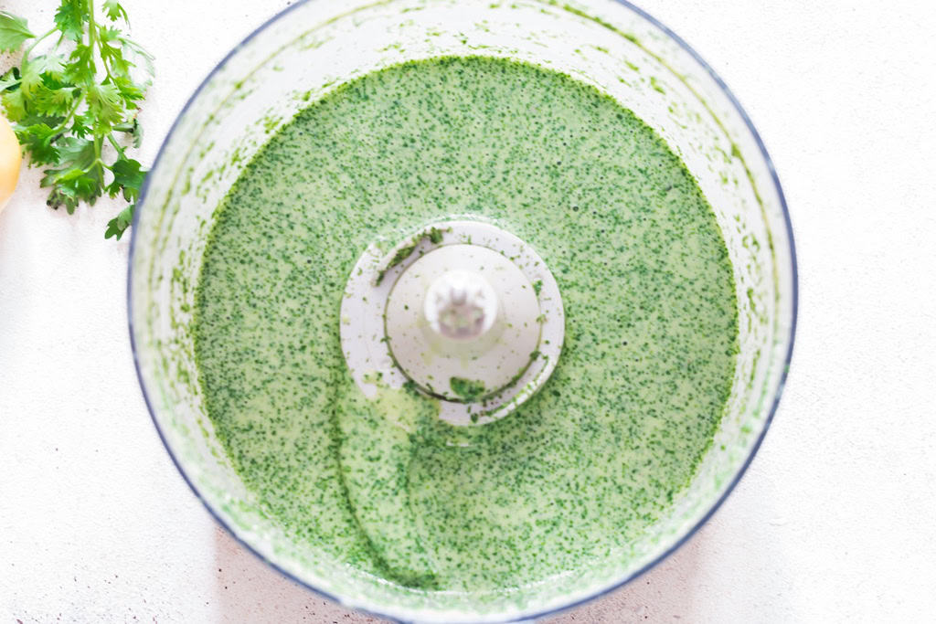 creamy cilantro sauce in a food processor.