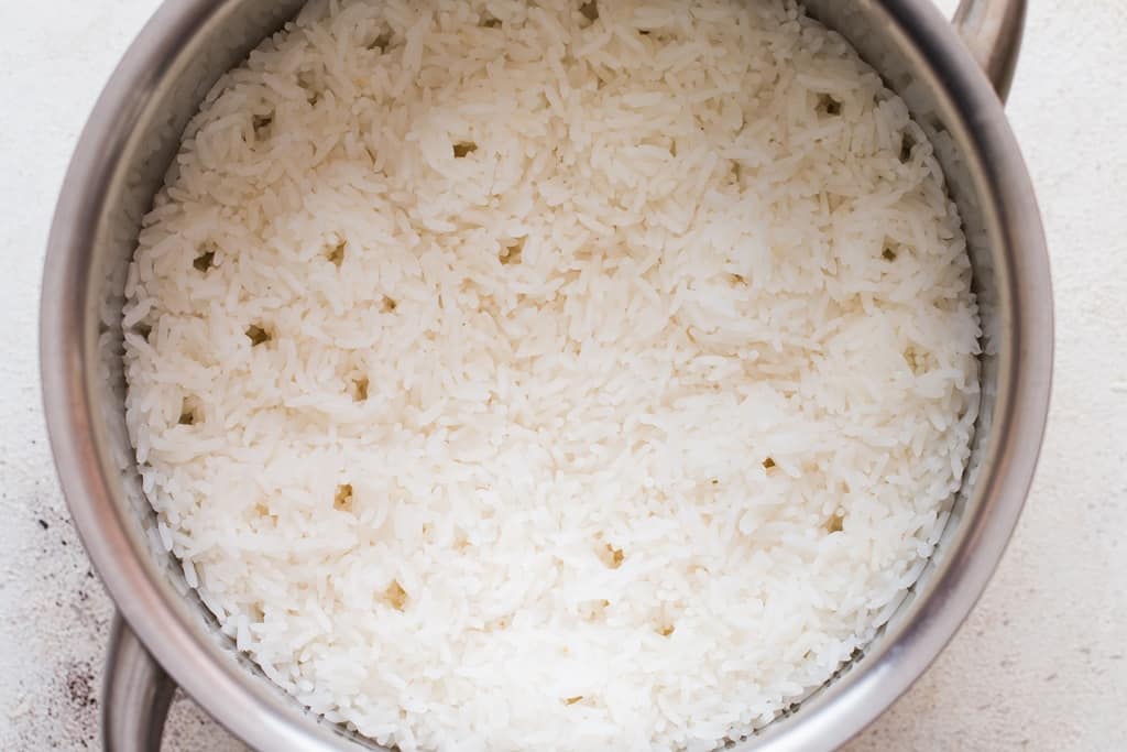 rice steamed in a pot.