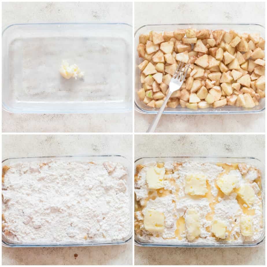 step by step picture collage of making apple dump cake