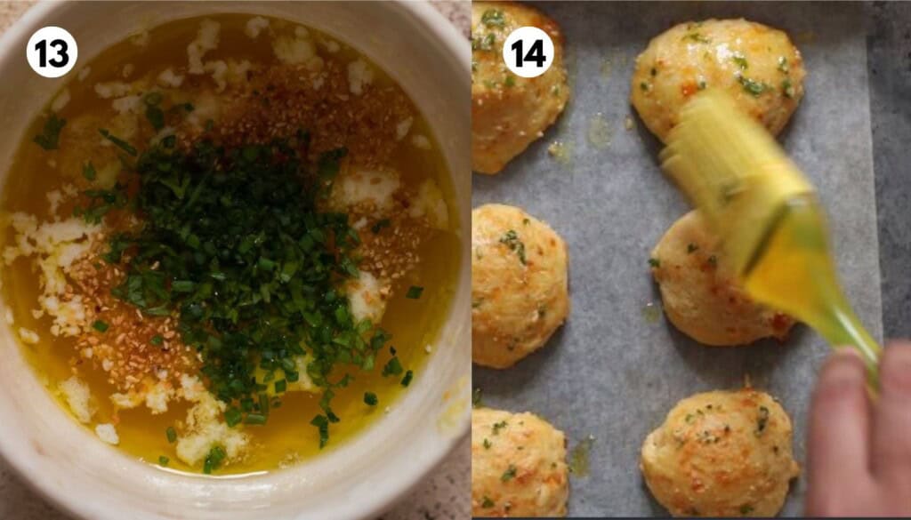 picture collage of brushing garlic butter to cheddar biscuits.
