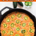 spicy jalapeno cornbread in cast iron pan with text
