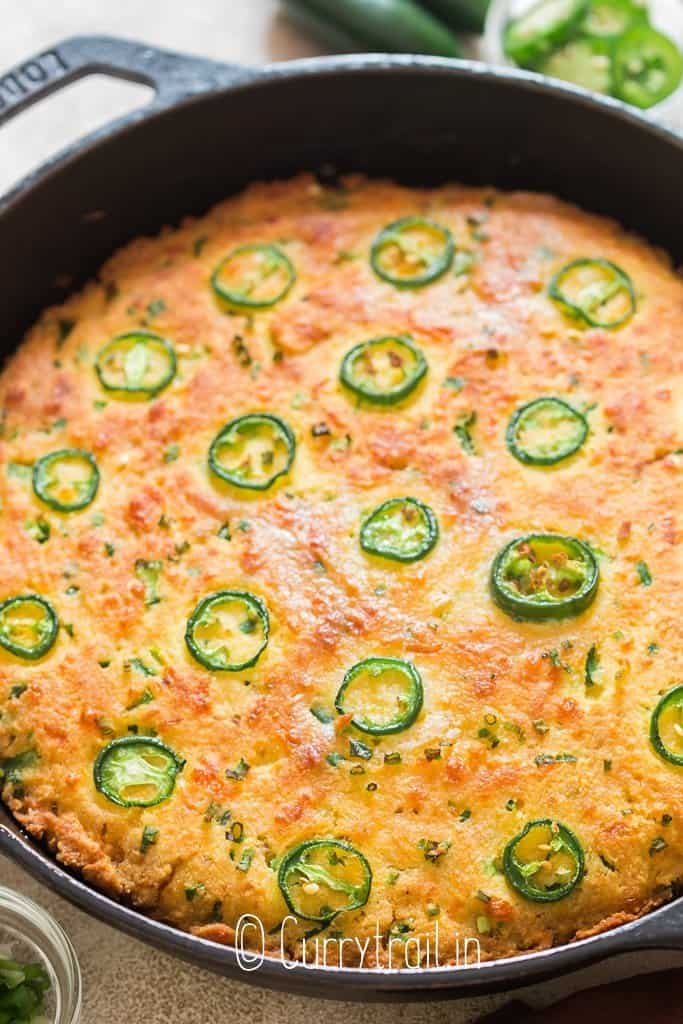 close view of jalapeno cornbread in cast iron pan