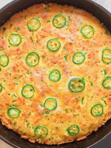 close view of jalapeno cornbread in cast iron pan