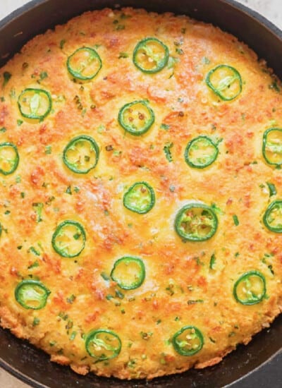 close view of jalapeno cornbread in cast iron pan