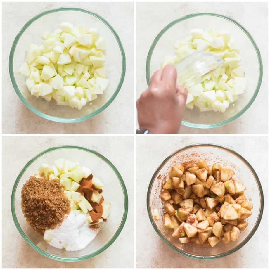 step by step picture collage of making apple dump cake