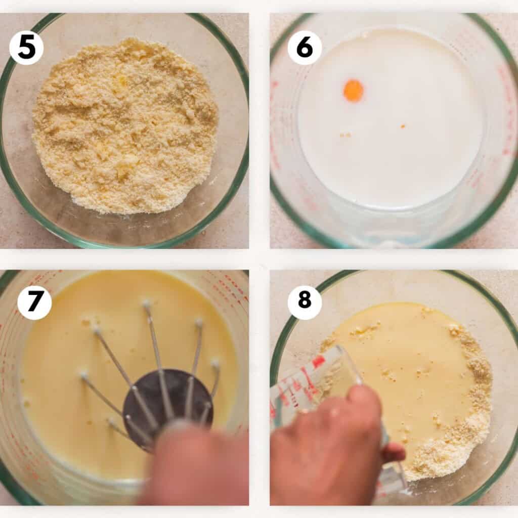 picture collage of mixing flour and cheddar drop biscuits.