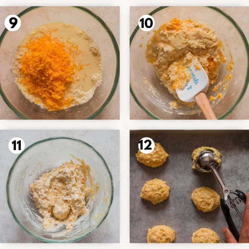 picture collage of mixing cheddar cheese with flour for biscuits.