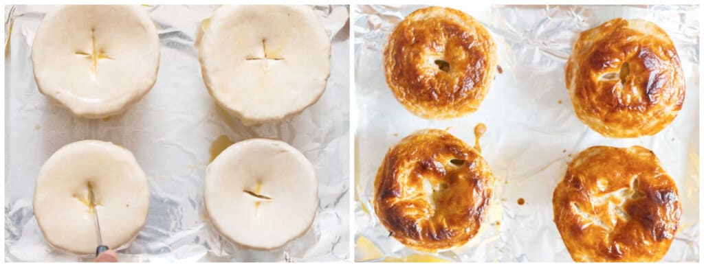 baking individual pots of pot pie with creamy chicken vegetable filling