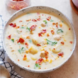 chicken and gnocchi soup in a bowl.
