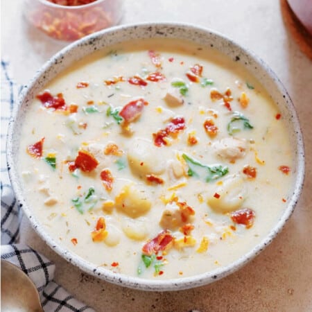 chicken and gnocchi soup in a bowl.