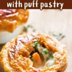 close view of small pot pies with creamy chicken filling with text