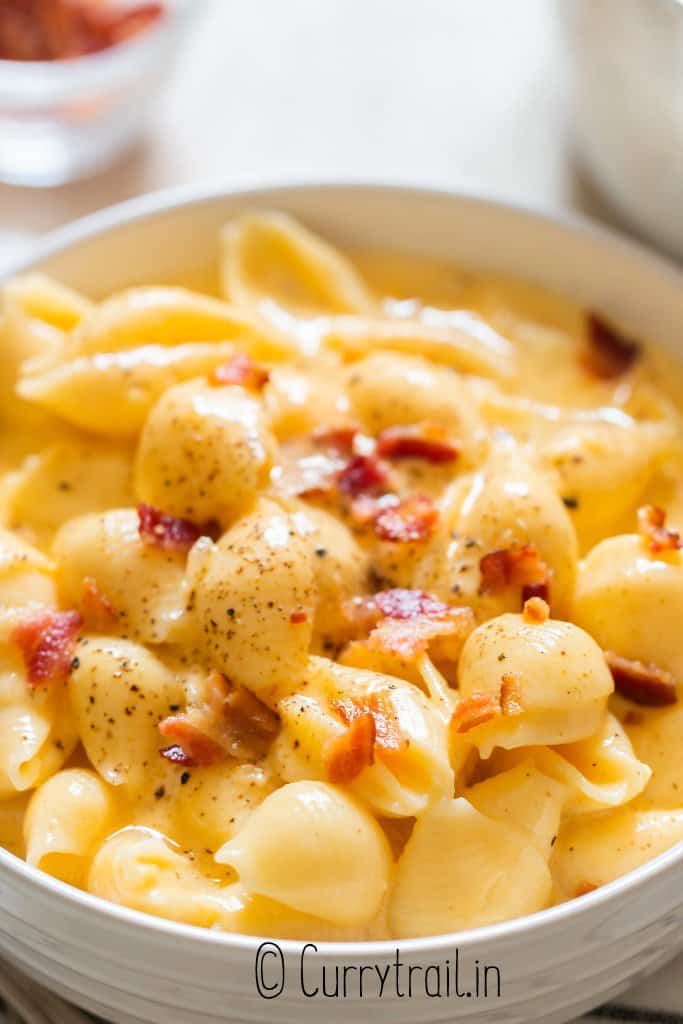 shell pasta with cheddar cheese and bacon