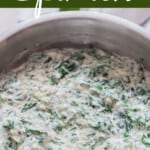 cream of spinach in skillet with text