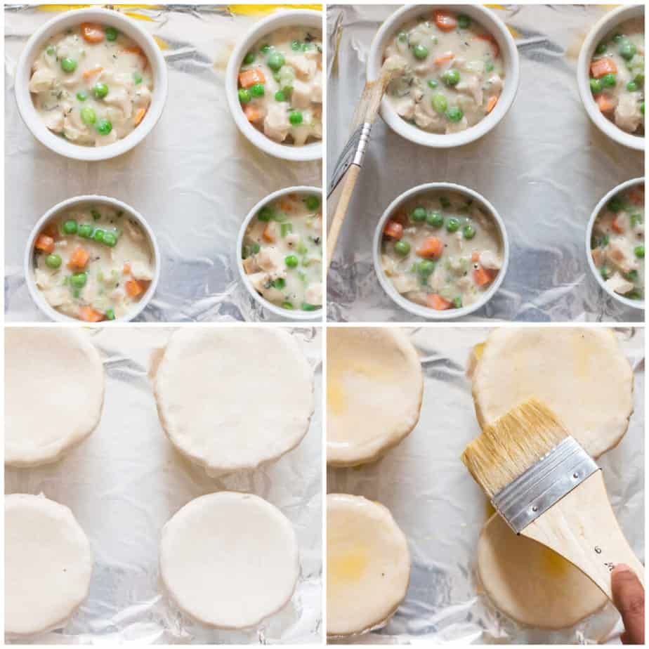 baking individual pots of pot pie with creamy chicken vegetable filling