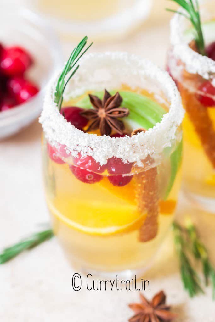 close view of white wine holiday sangria